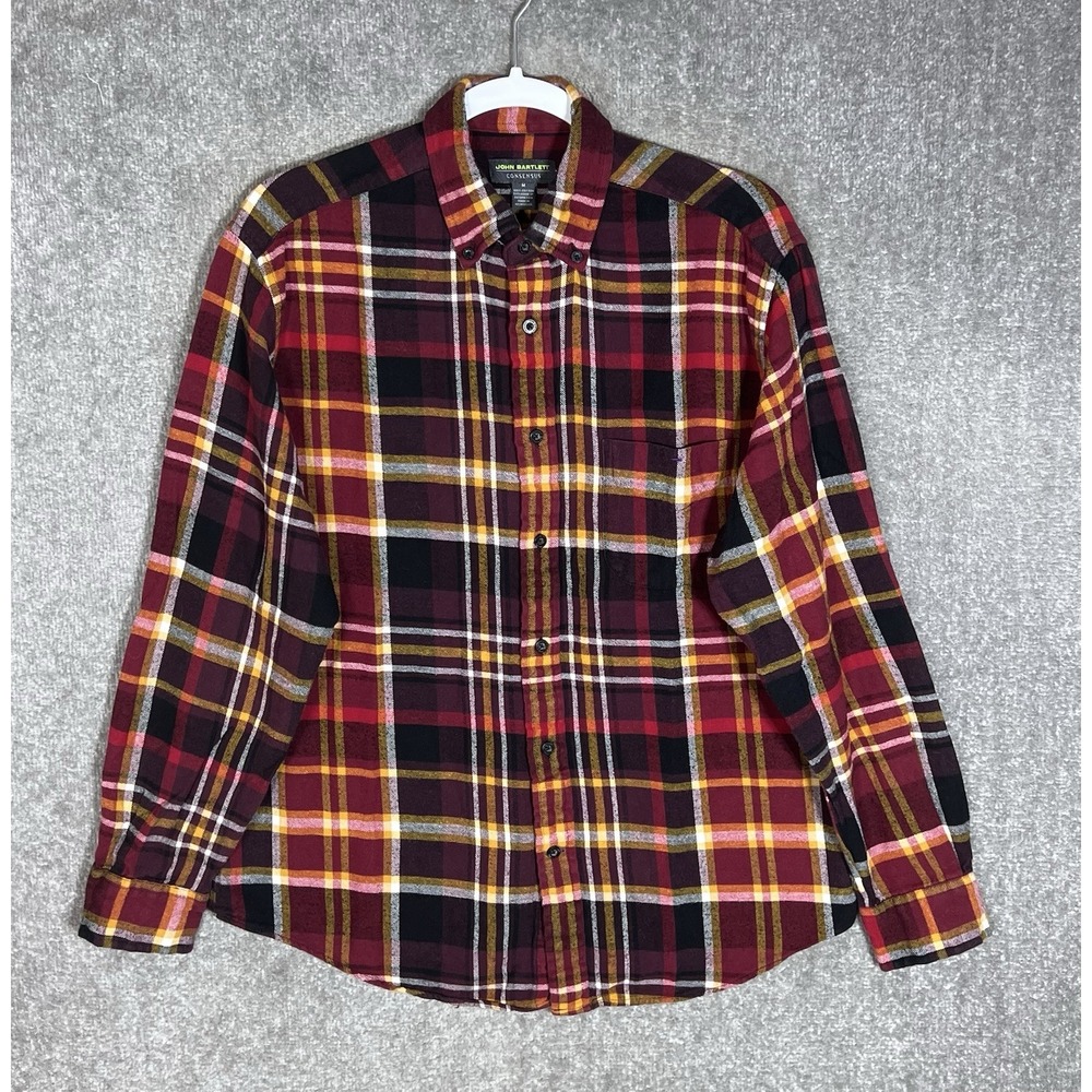 John Bartlett Consensus Flannel Button Down Shirt Mens Size M Red Plaid Pocket